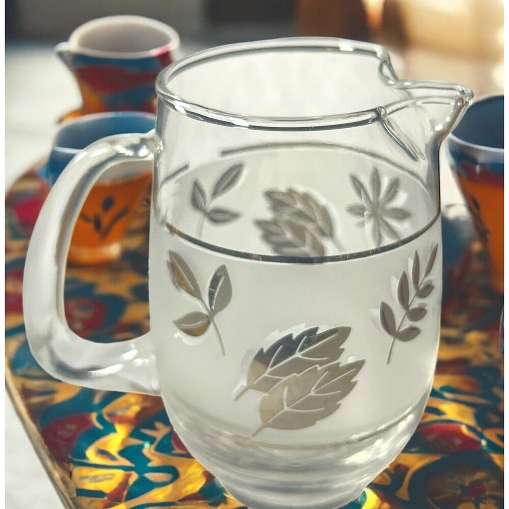 Libbey Metallic Leaf Foliage Frosted Glass Creamer Small Pitcher Vtg MCM Retro